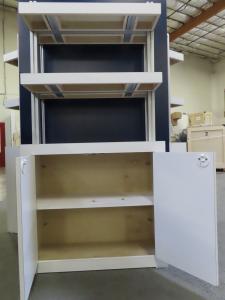 Custom Triangle Kiosk with Shelves, Locking Storage, and Graphics -- View 3